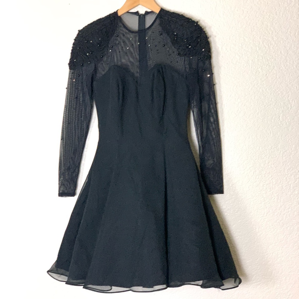 Tadaski | Vintage formal mesh long sleeve fit and flare beaded mini dres…